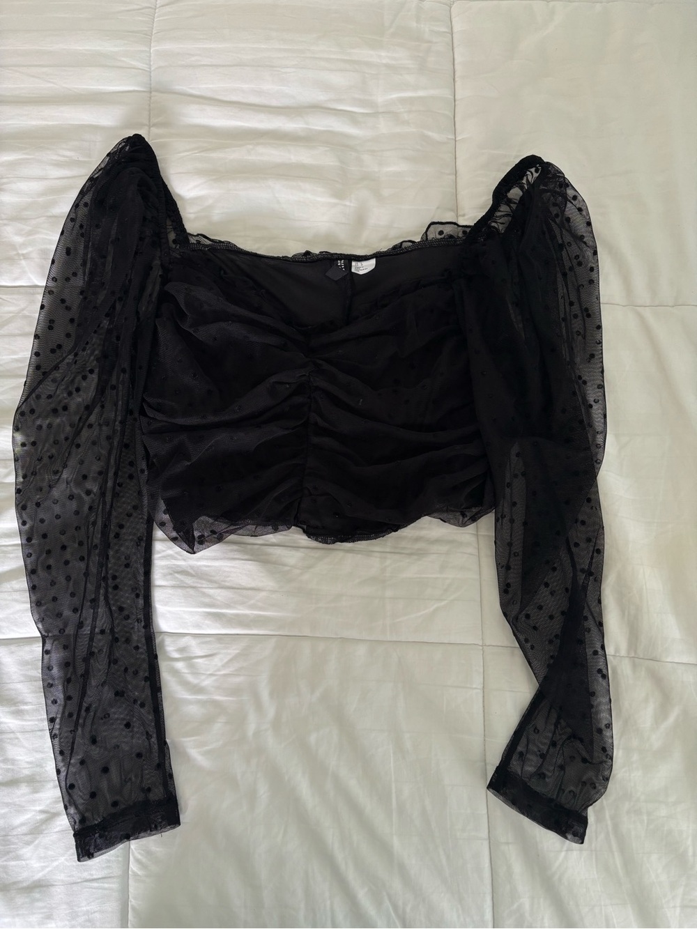 H&M Black Sheer Dot Ruched Puff-Sleeve Crop Top